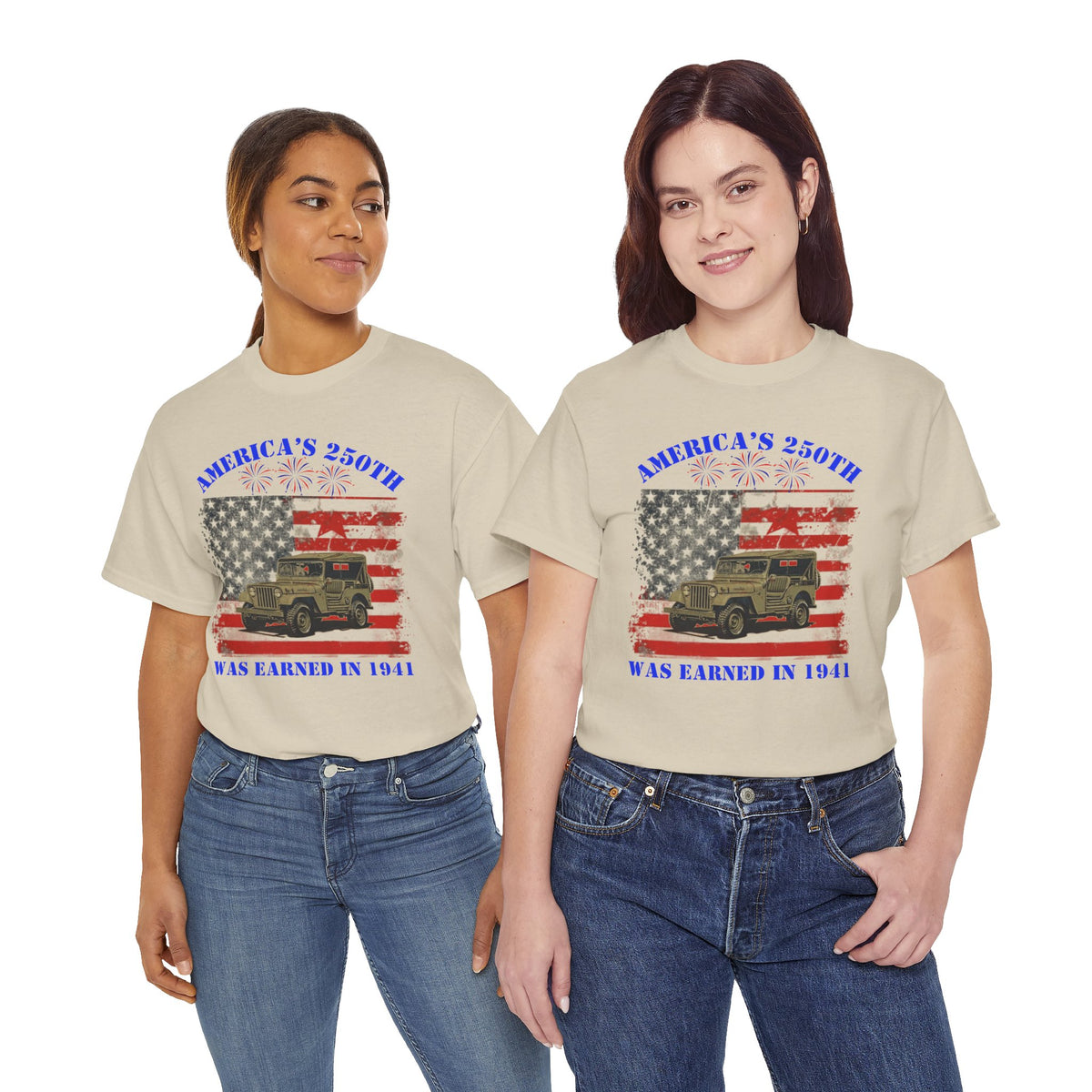 Military Jeep Patriotic Tee — "America's 250th Was Earned in 1941"