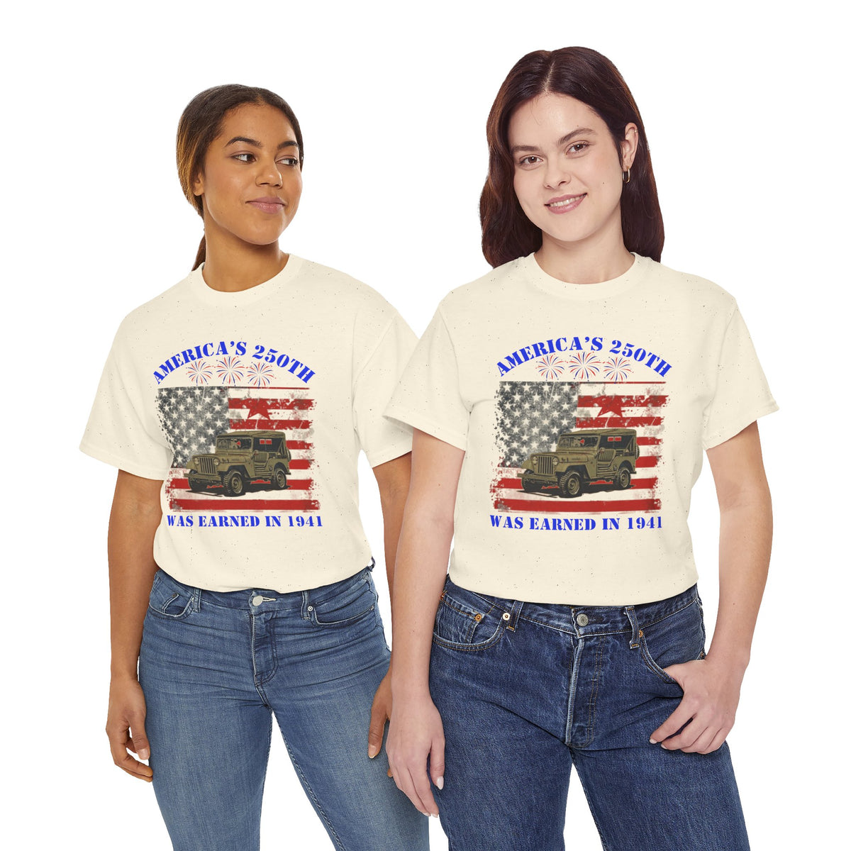 Military Jeep Patriotic Tee — "America's 250th Was Earned in 1941"